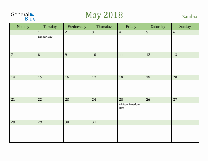May 2018 Calendar with Zambia Holidays
