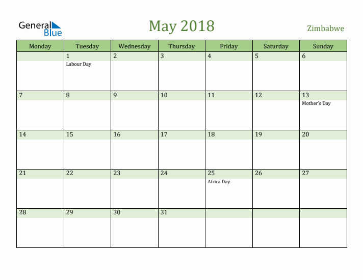 May 2018 Calendar with Zimbabwe Holidays