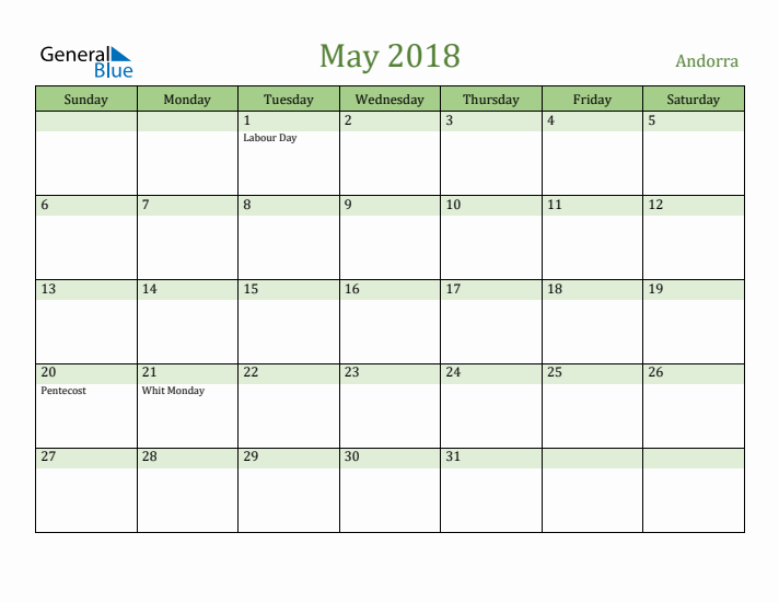 May 2018 Calendar with Andorra Holidays