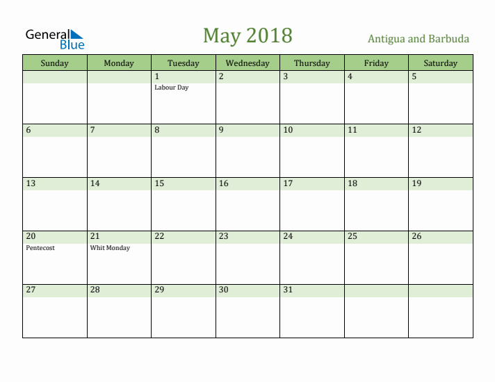 May 2018 Calendar with Antigua and Barbuda Holidays