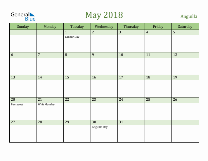May 2018 Calendar with Anguilla Holidays