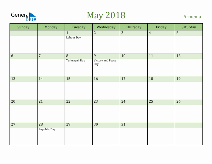 May 2018 Calendar with Armenia Holidays