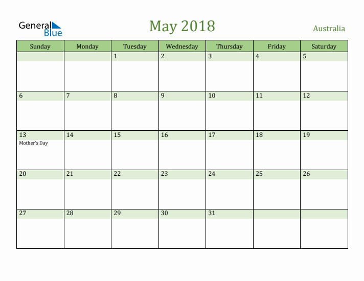May 2018 Calendar with Australia Holidays
