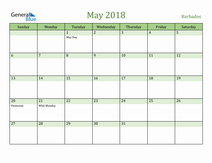 May 2018 Calendar with Barbados Holidays