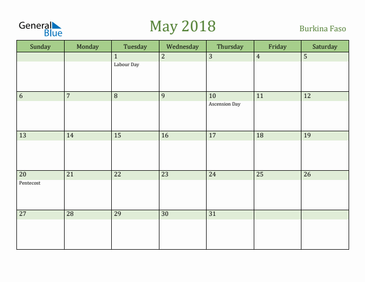 May 2018 Calendar with Burkina Faso Holidays