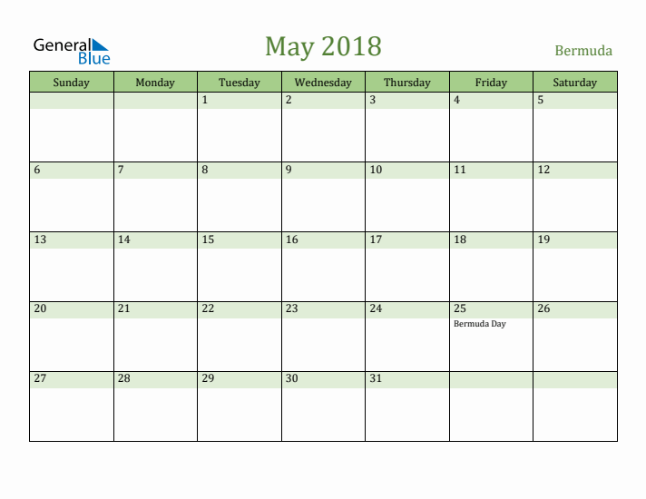 May 2018 Calendar with Bermuda Holidays