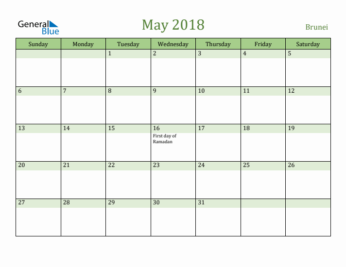 May 2018 Calendar with Brunei Holidays