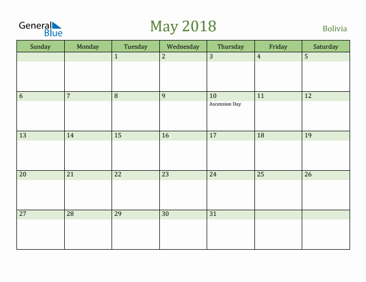 May 2018 Calendar with Bolivia Holidays