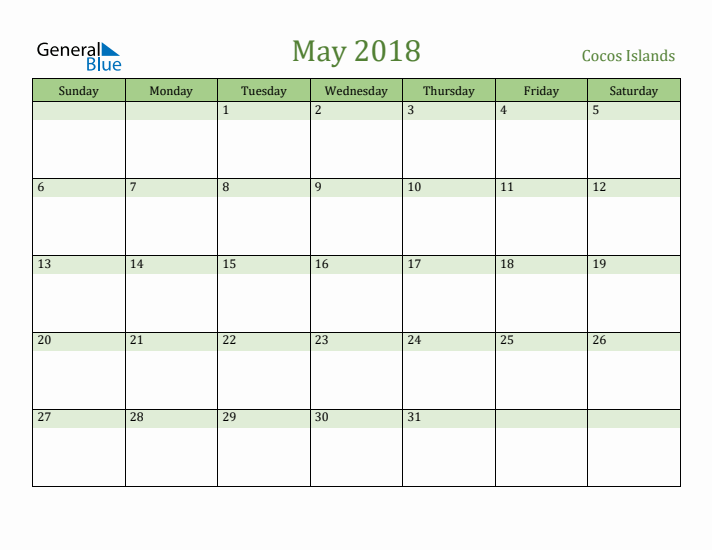 May 2018 Calendar with Cocos Islands Holidays