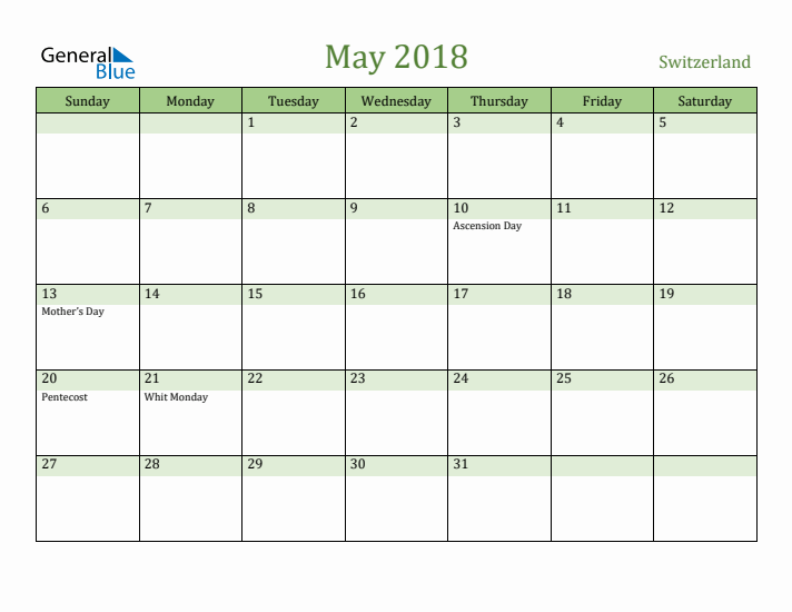 May 2018 Calendar with Switzerland Holidays