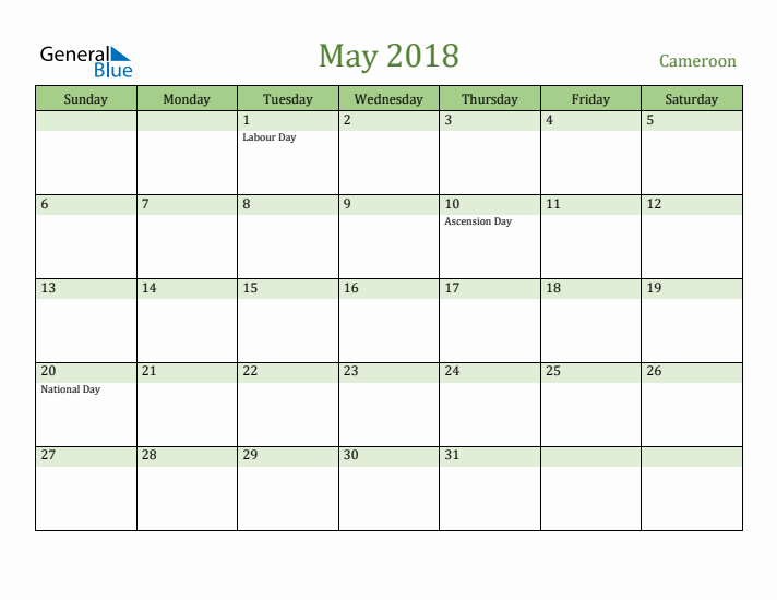 May 2018 Calendar with Cameroon Holidays