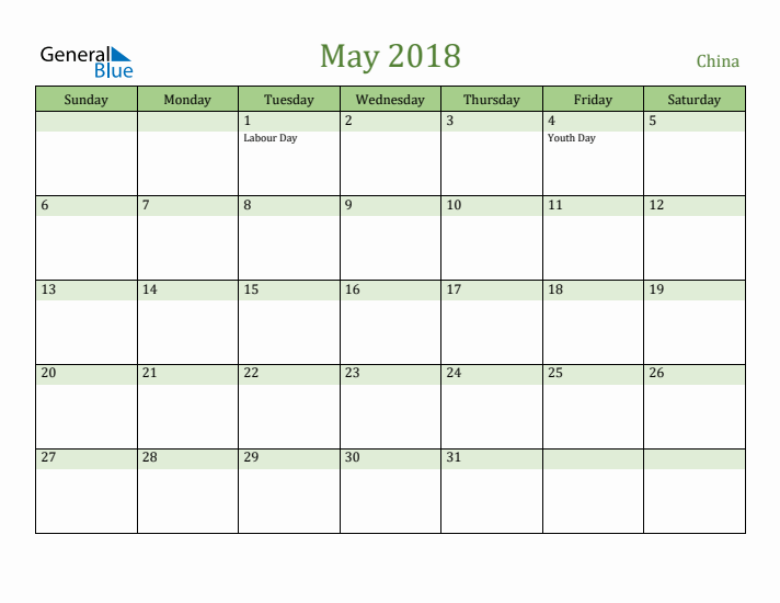 May 2018 Calendar with China Holidays