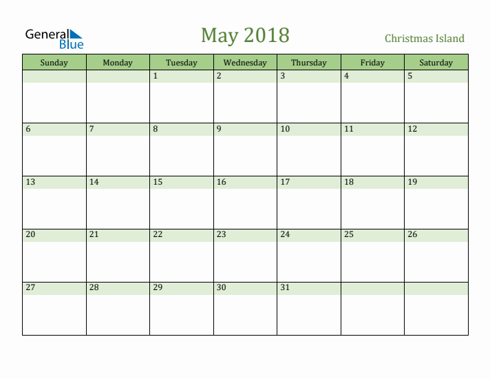 May 2018 Calendar with Christmas Island Holidays