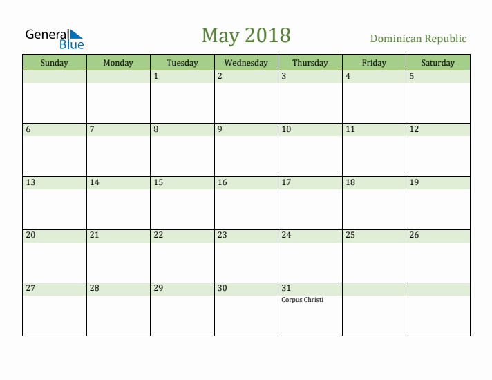 May 2018 Calendar with Dominican Republic Holidays