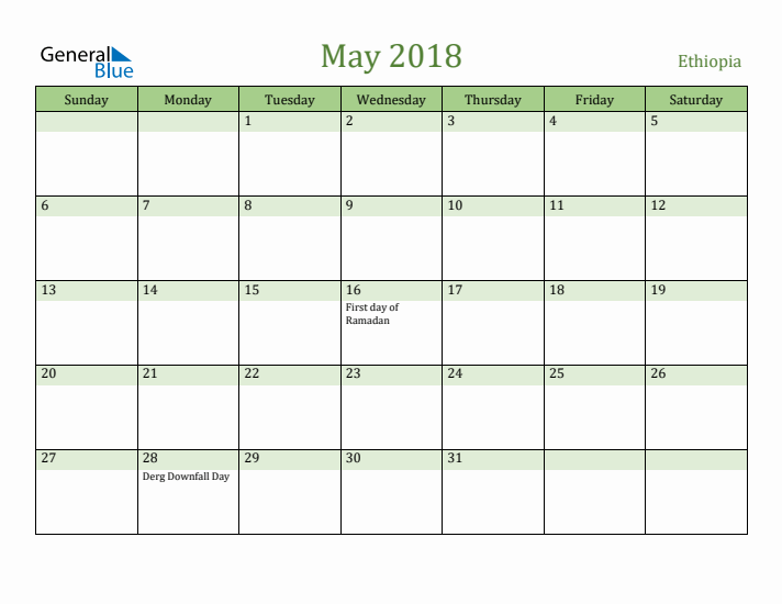 May 2018 Calendar with Ethiopia Holidays