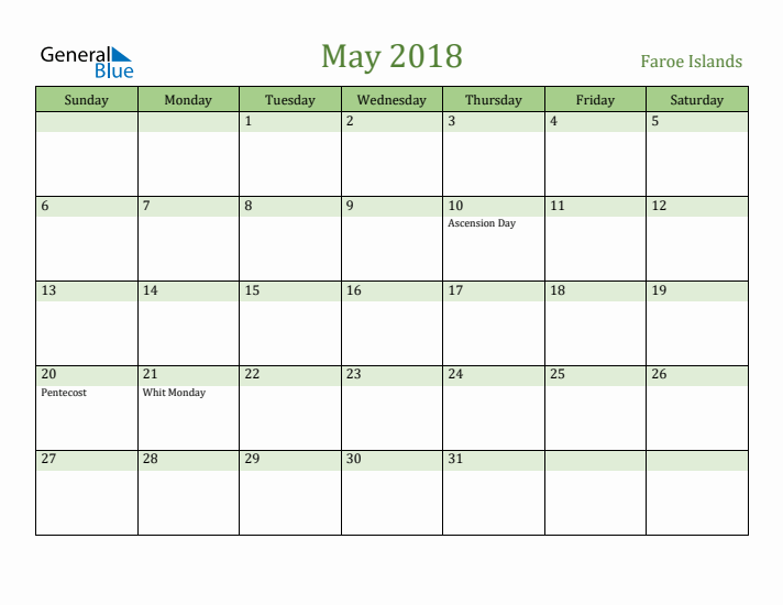 May 2018 Calendar with Faroe Islands Holidays