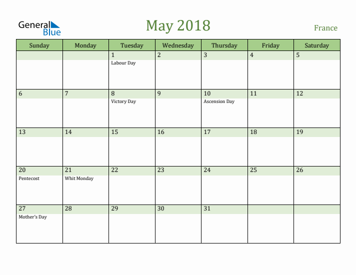 May 2018 Calendar with France Holidays