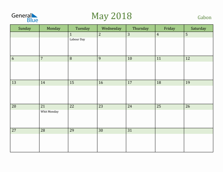 May 2018 Calendar with Gabon Holidays