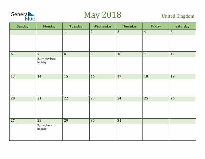 May 2018 Calendar with United Kingdom Holidays