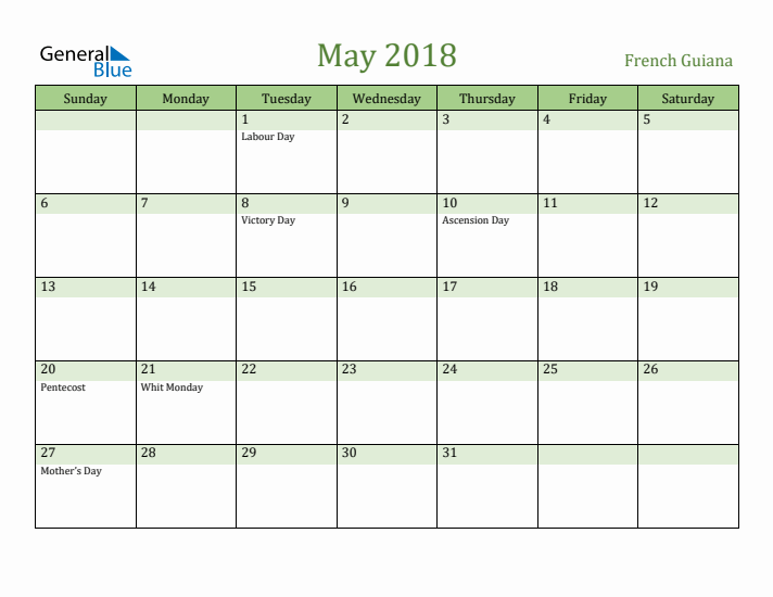 May 2018 Calendar with French Guiana Holidays