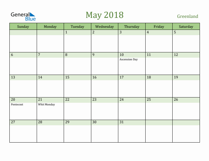 May 2018 Calendar with Greenland Holidays