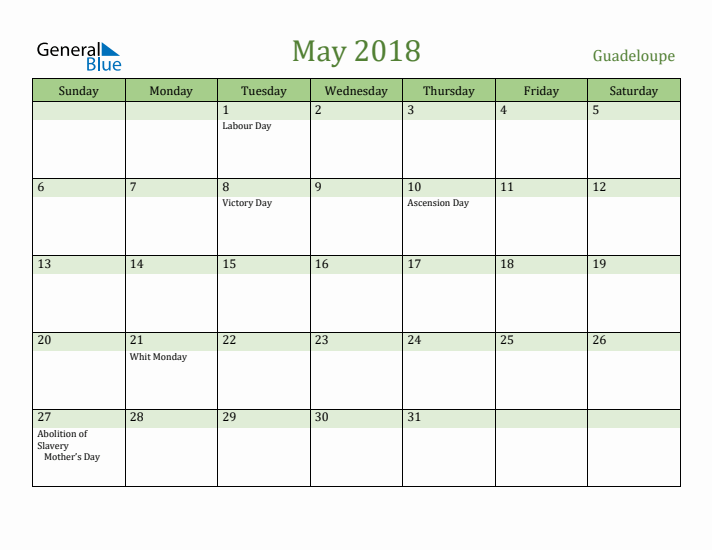 May 2018 Calendar with Guadeloupe Holidays