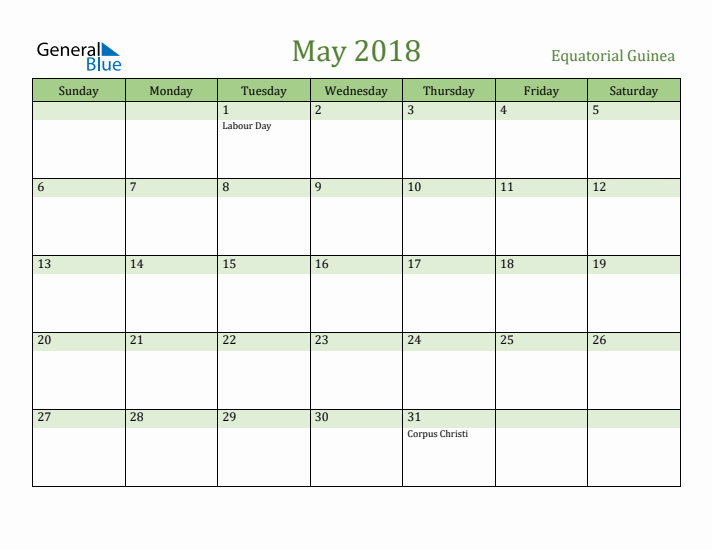 May 2018 Calendar with Equatorial Guinea Holidays