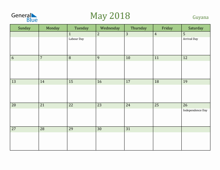 May 2018 Calendar with Guyana Holidays
