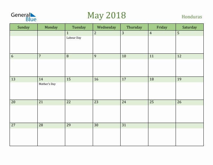 May 2018 Calendar with Honduras Holidays