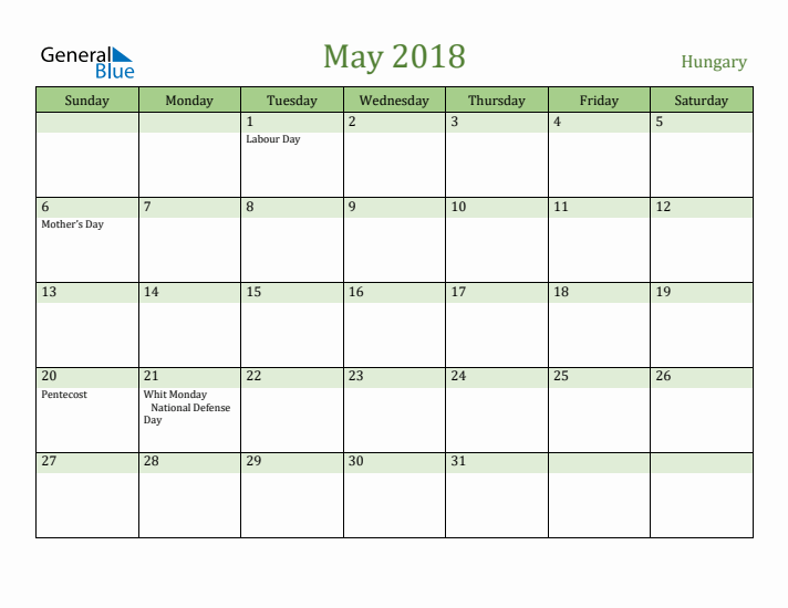 May 2018 Calendar with Hungary Holidays
