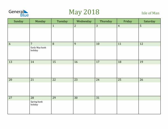 May 2018 Calendar with Isle of Man Holidays