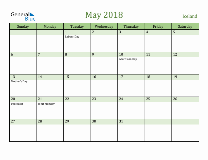 May 2018 Calendar with Iceland Holidays