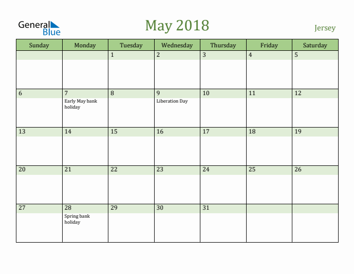 May 2018 Calendar with Jersey Holidays
