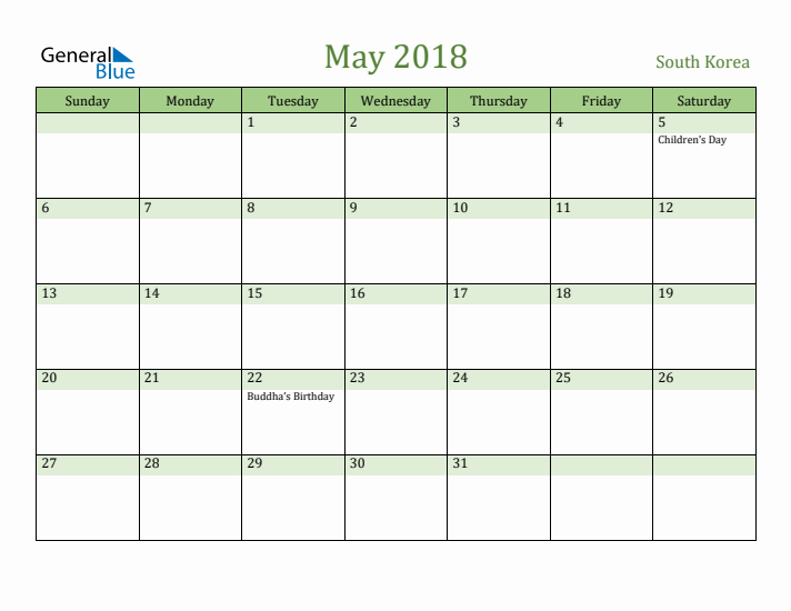 May 2018 Calendar with South Korea Holidays