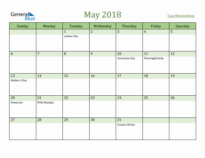 May 2018 Calendar with Liechtenstein Holidays
