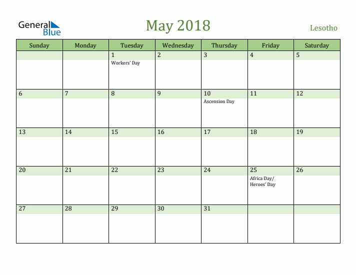 May 2018 Calendar with Lesotho Holidays