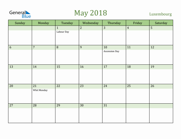 May 2018 Calendar with Luxembourg Holidays