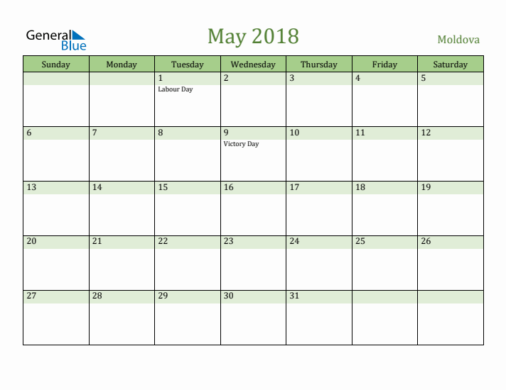 May 2018 Calendar with Moldova Holidays