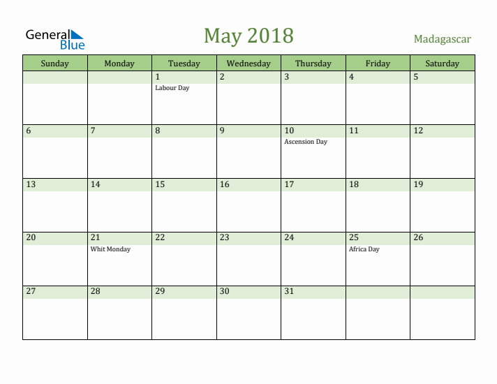 May 2018 Calendar with Madagascar Holidays