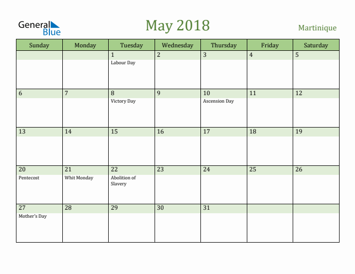 May 2018 Calendar with Martinique Holidays