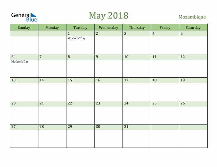 May 2018 Calendar with Mozambique Holidays