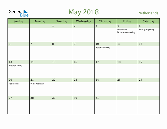 May 2018 Calendar with The Netherlands Holidays