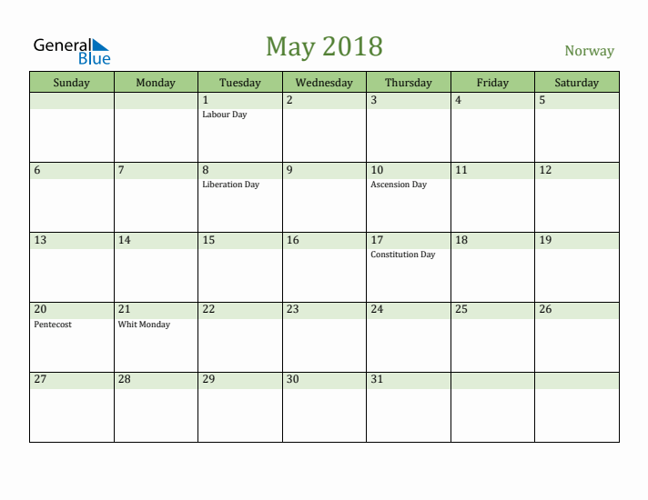 May 2018 Calendar with Norway Holidays