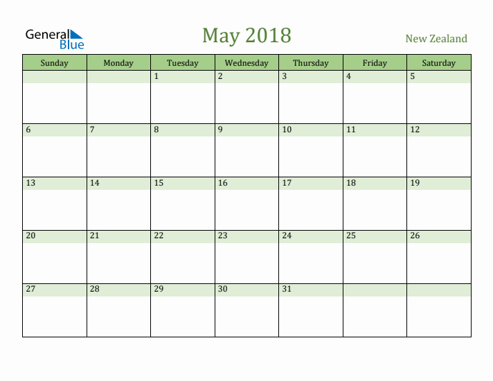 May 2018 Calendar with New Zealand Holidays