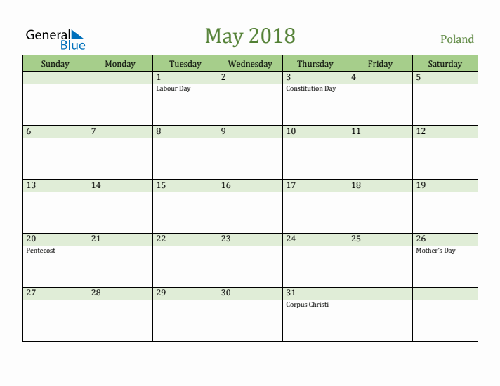 May 2018 Calendar with Poland Holidays