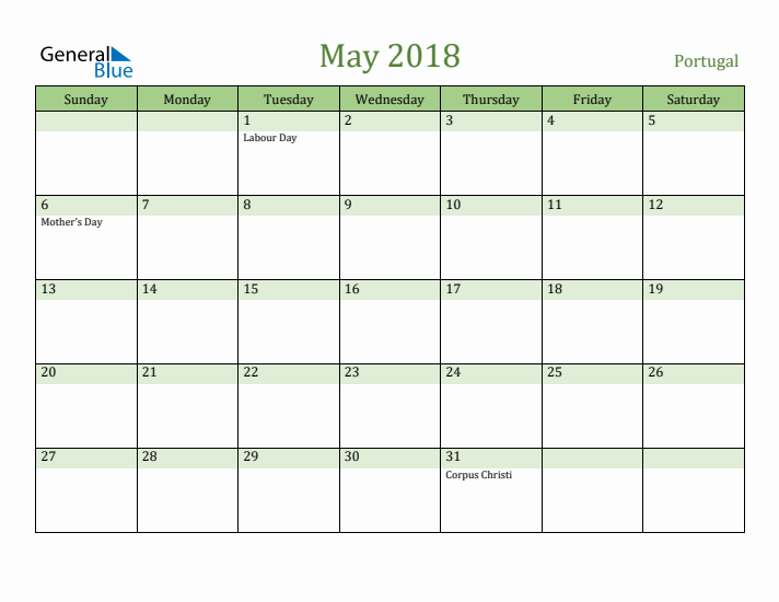 May 2018 Calendar with Portugal Holidays