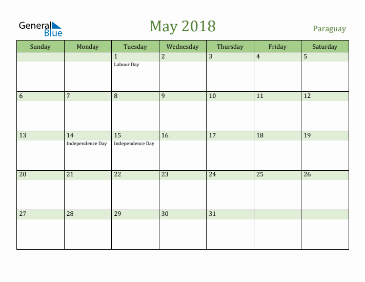 May 2018 Calendar with Paraguay Holidays