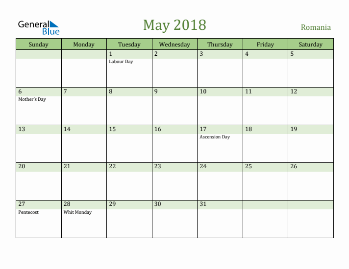 May 2018 Calendar with Romania Holidays