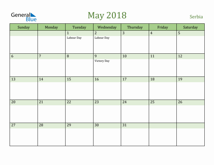 May 2018 Calendar with Serbia Holidays