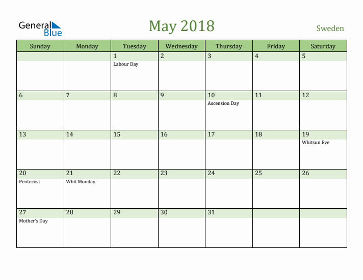 May 2018 Calendar with Sweden Holidays